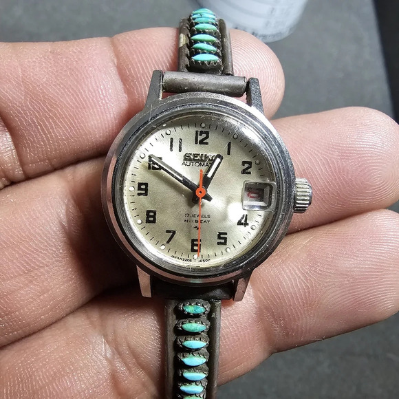 Vintage Seiko Hi-Beat Automatic Watch Natuve American Sterling & Turquoise Band - Picture 1 of 12